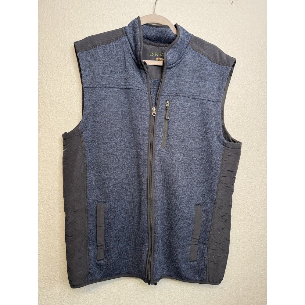 Orvis Men’s XL Blue Knit Fleece Lined Fishing Vest Full Zip Woven Panels